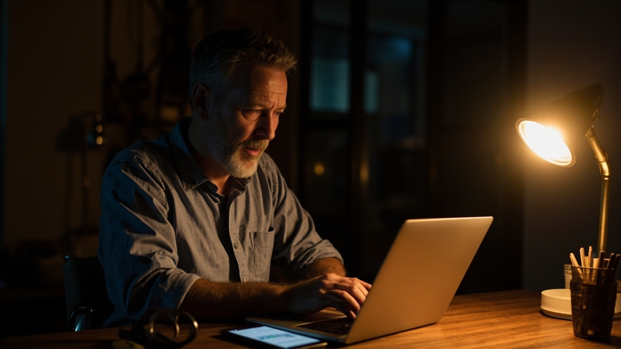 Australian traveller calmly troubleshooting an unreachable visa portal on a laptop at a softly lit desk