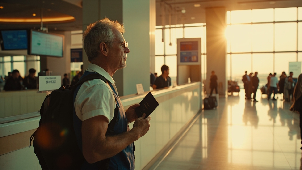 Generic well-lit international airport immigration counter scene at golden hour