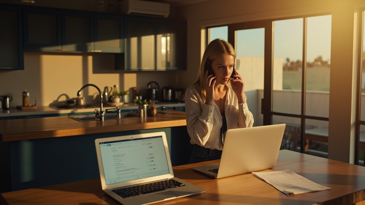 Australian on a phone call with their bank while the laptop checkout sits open