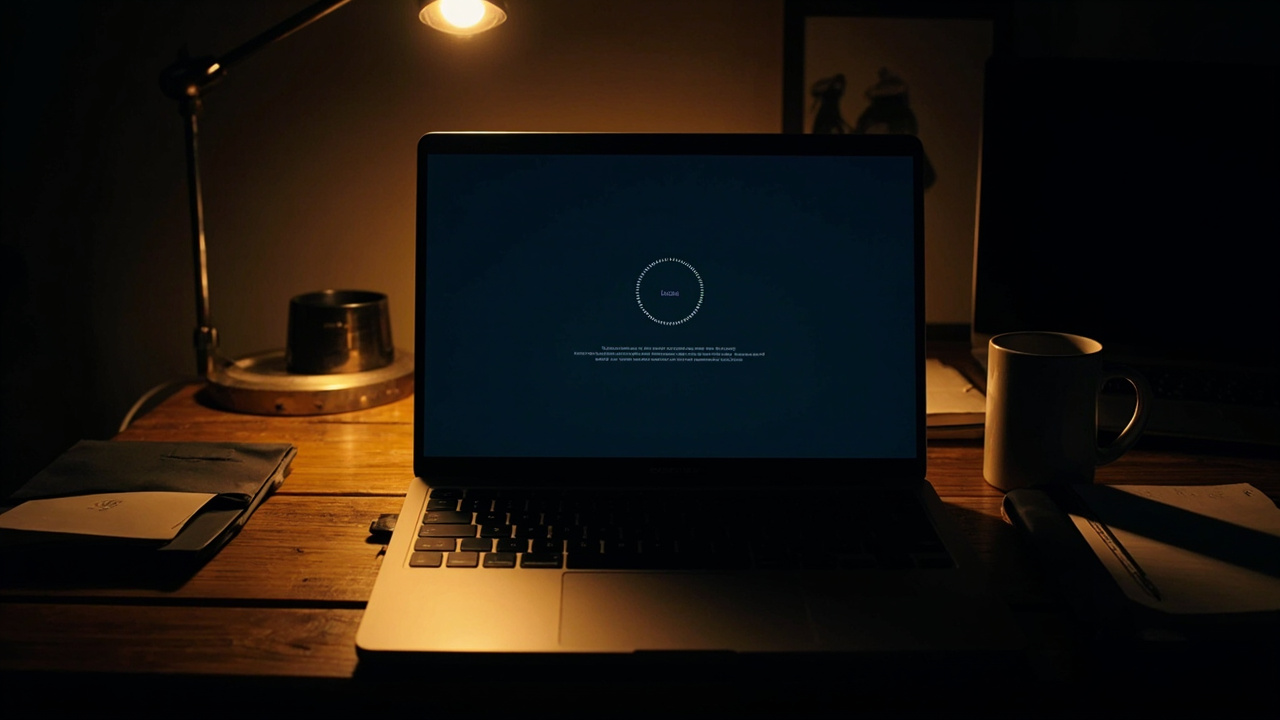 Late evening home desk scene with a laptop showing a loading spinner