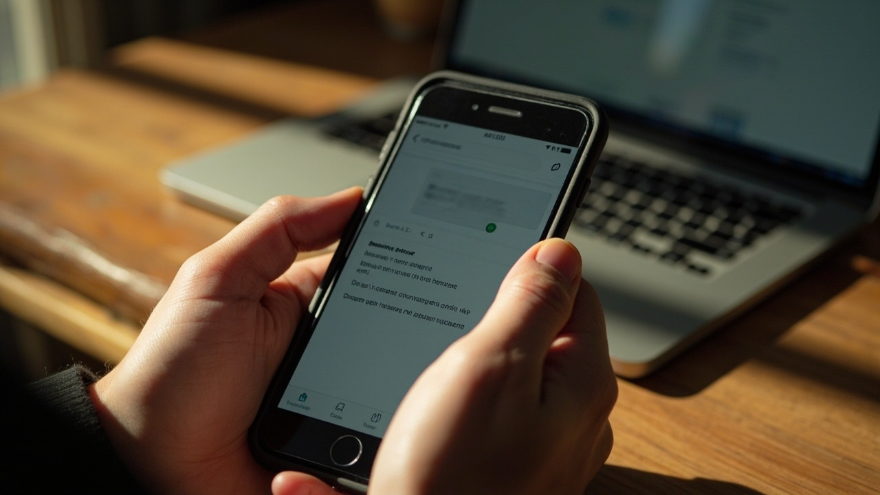 Hands holding a smartphone with mobile data icon visible beside a closed laptop
