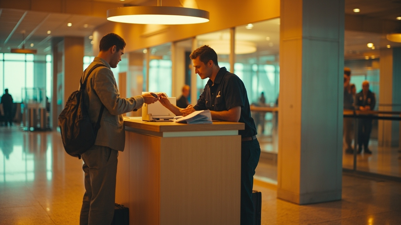 Generic small print kiosk in a brightly lit airport baggage hall