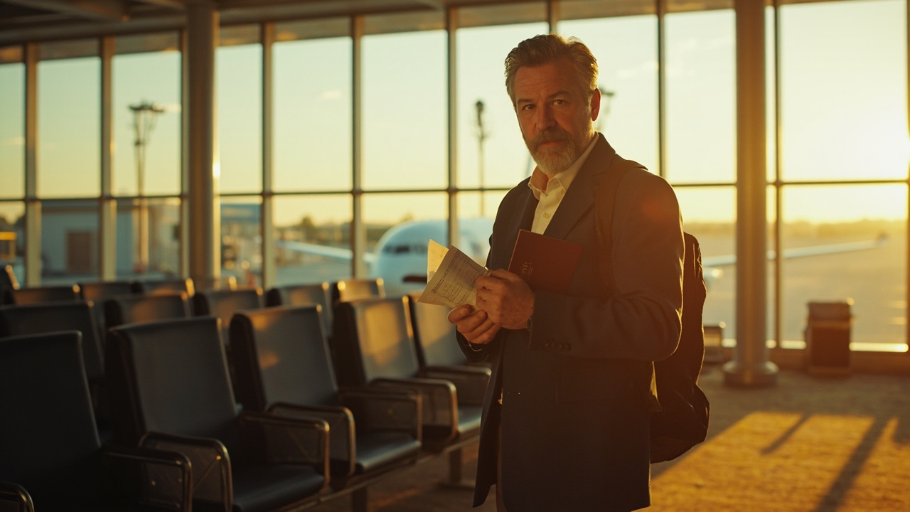 Australian traveller at a generic departure gate holding a paper printout and a passport