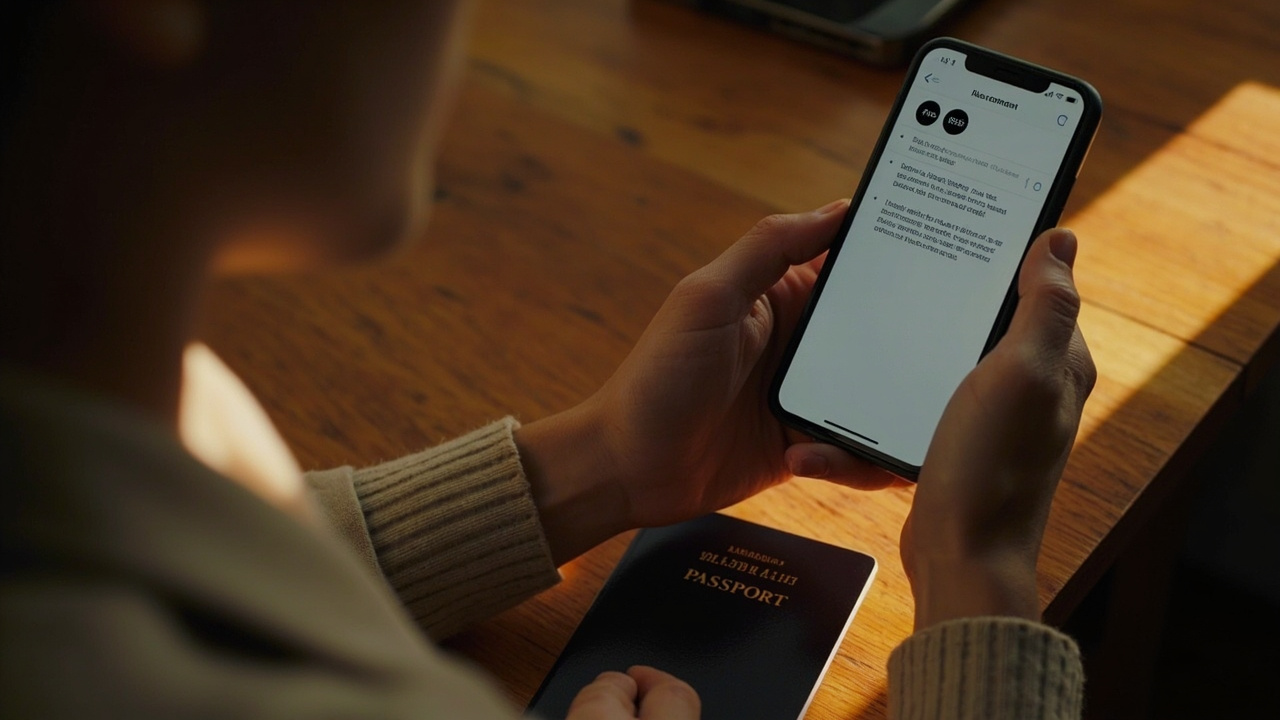 Close-up of hands on a phone retrieving a PDF attachment from an email inbox