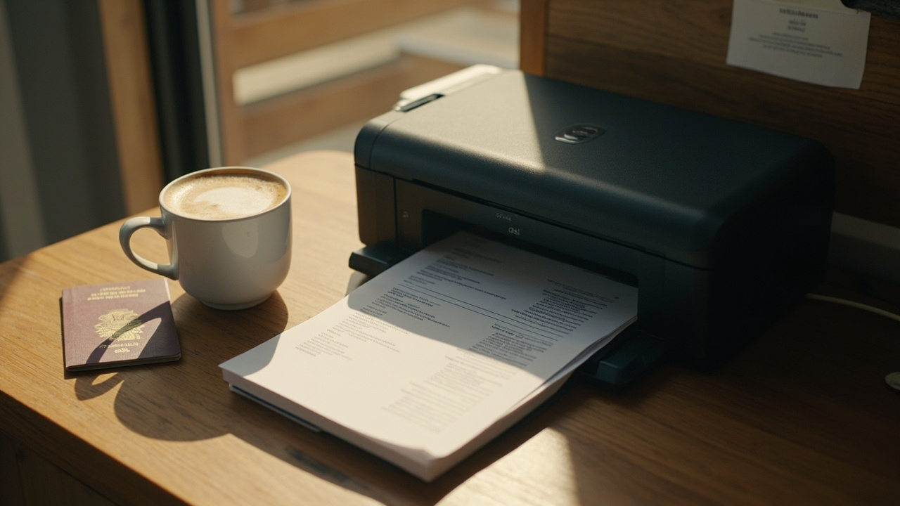 Home desk scene with a small printer producing a single A4 page beside a closed Australian passport