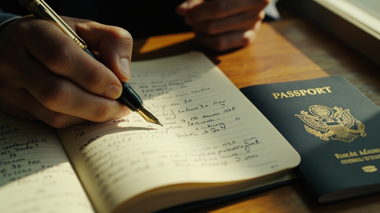 Hands writing a hyphenated surname into a notebook beside a passport, working through name spelling