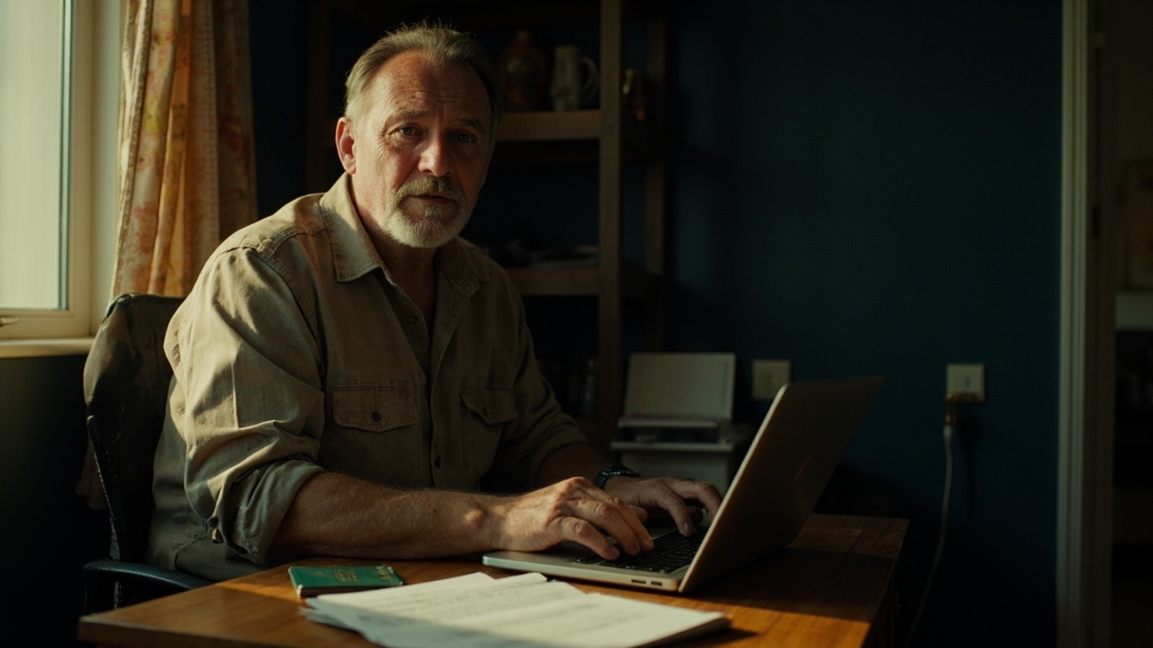 Hands at a laptop typing into a web form with a passport open on the desk beside it