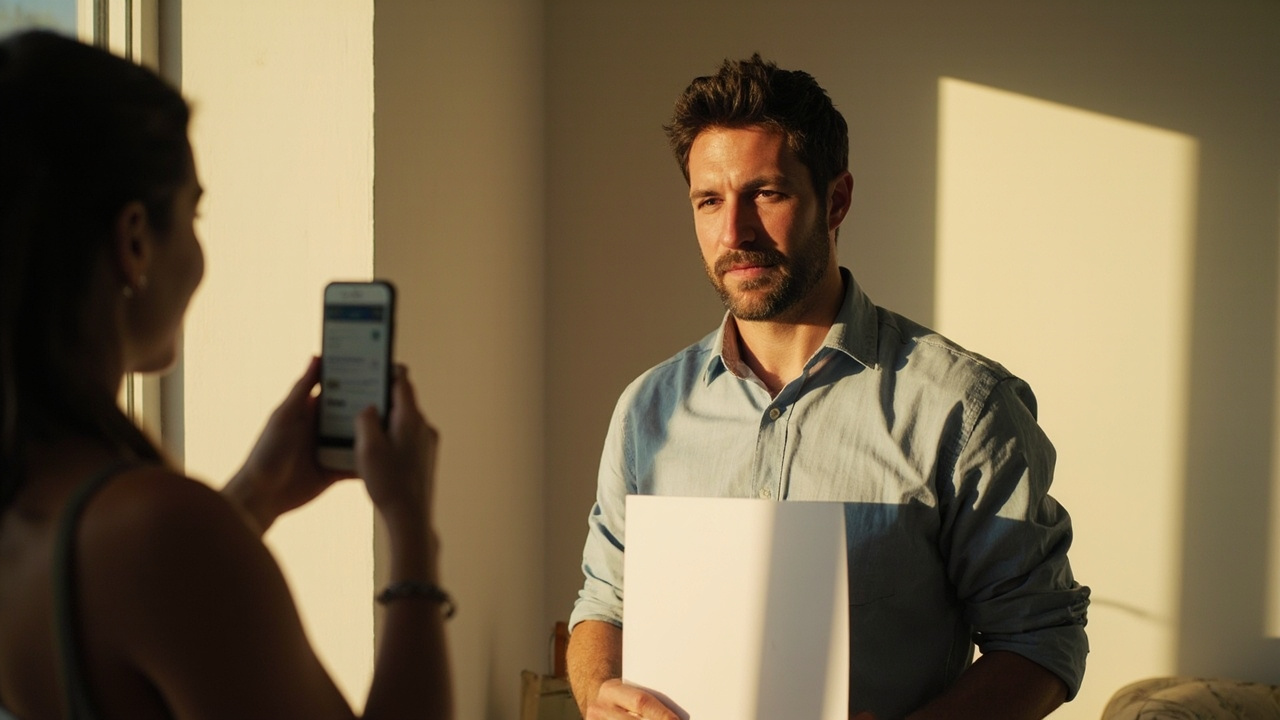 Australian traveller standing beside a north-facing window, partner taking a re-shoot of the visa photo with a phone against a plain white wall
