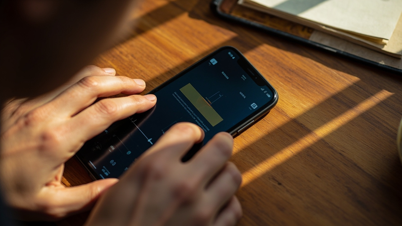 Hands on a smartphone showing a photo editing screen with a highlights slider being dragged left to reduce brightness
