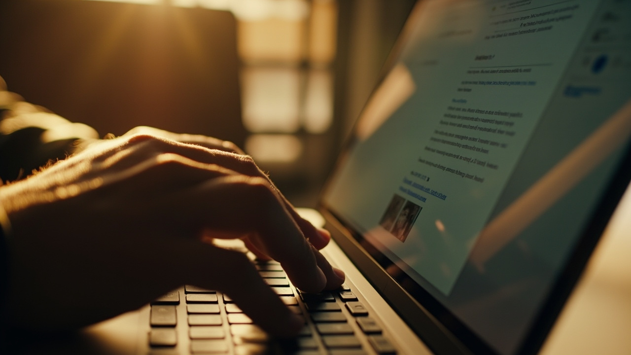 Close-up of hands on a laptop keyboard composing an email reply with an image attachment, generic interface