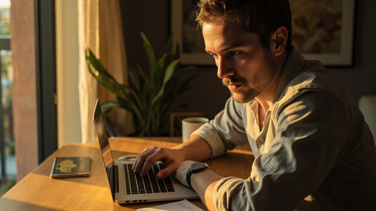Australian traveller working on a laptop at a sunlit Phnom Penh apartment desk with an Australian passport and a small notebook of handwritten extension dates beside them