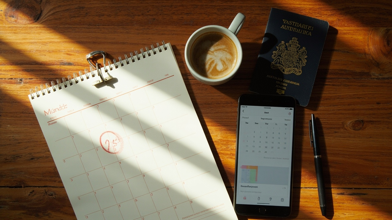 Overhead flat-lay of a wall calendar with a circled extension date, a closed Australian passport, a coffee, and a smartphone showing a generic calendar UI on a warm wooden desk