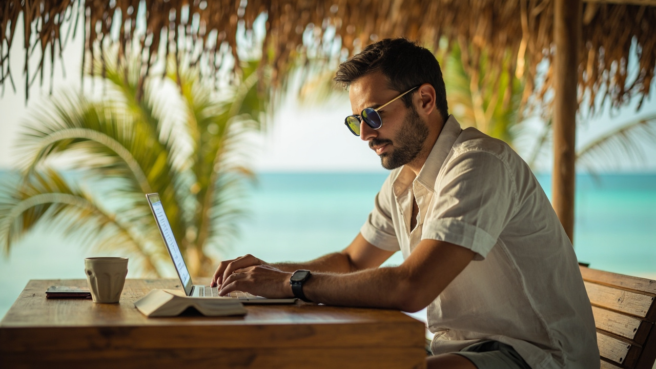 Australian digital nomad working on a laptop at a sunlit Koh Rong beachside cafe with palms in the soft background