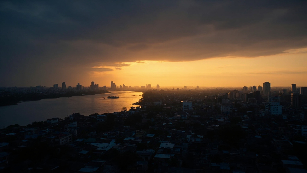 Warm dusk Phnom Penh skyline along the Mekong river with soft low-rise rooftops and a gold and navy palette