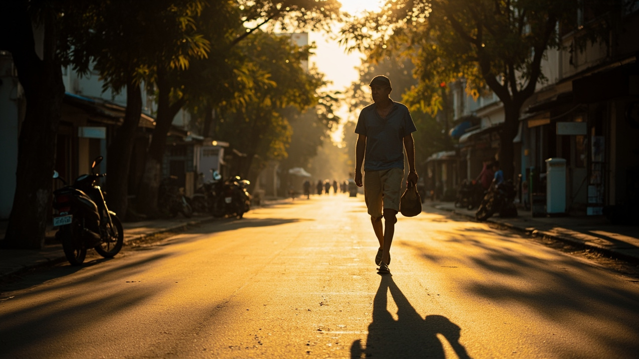 Australian expat walking down a sunlit Phnom Penh street in the BKK1 district at golden hour, warm tones