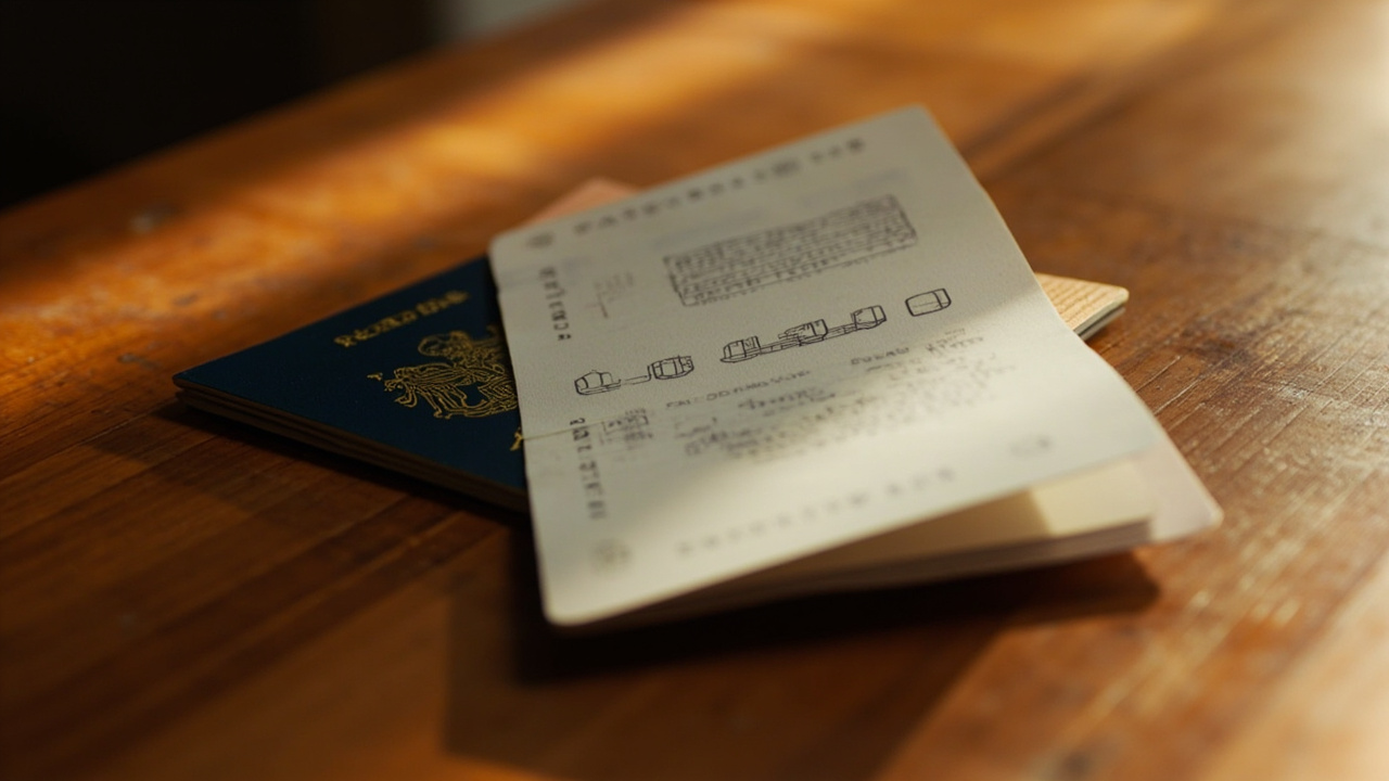 Close-up of an Australian passport open to a clean page on a warm wooden desk in golden-hour light
