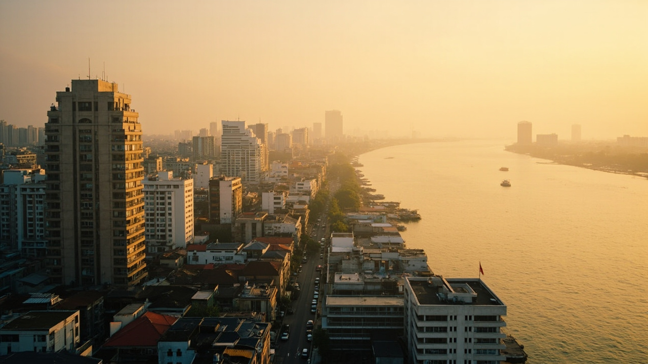 Warm dusk Phnom Penh skyline along the river, no recognisable building signage