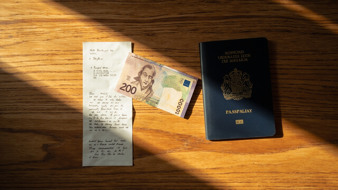 Overhead flat-lay of crisp USD bills, a generic written receipt, and a closed Australian passport on a warm wooden surface