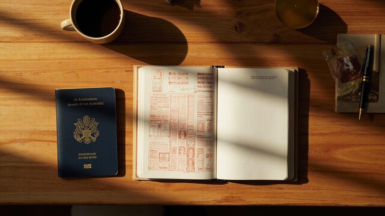 Overhead view of an Australian passport open to a clean page on a warm wooden desk in afternoon light