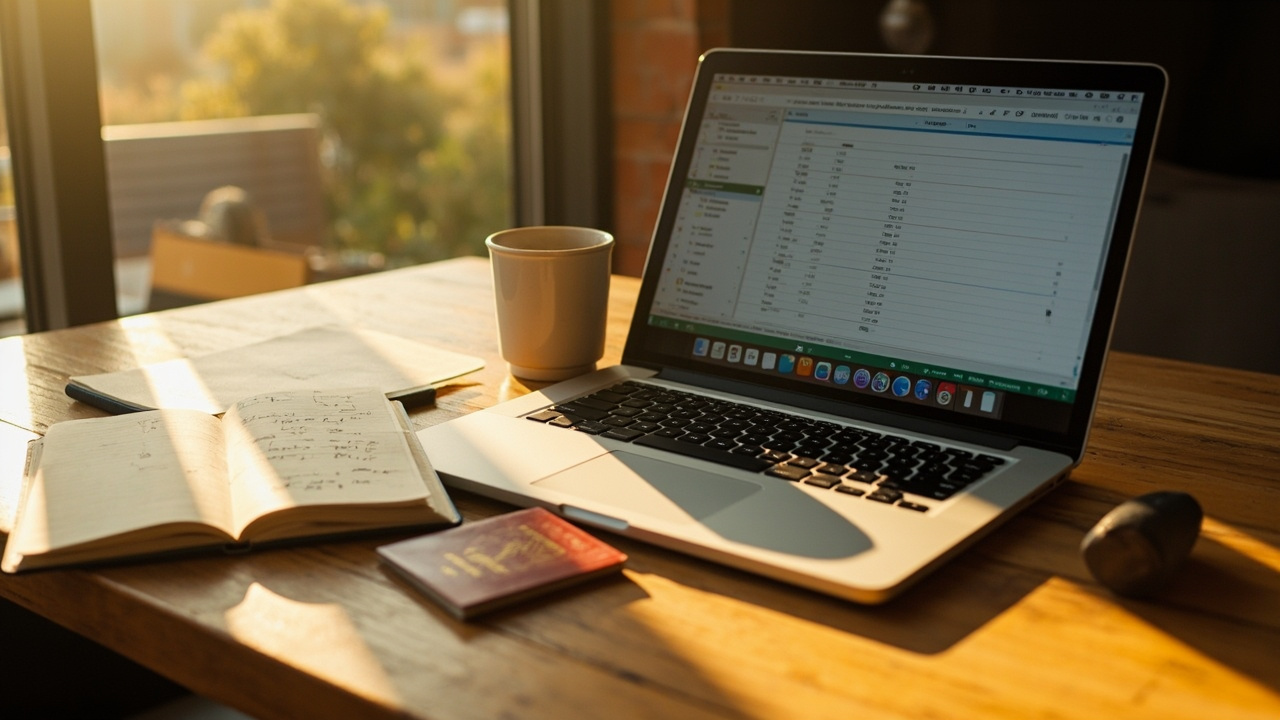 Close-up of a laptop screen showing a generic cost-comparison spreadsheet on a sunlit warm desk