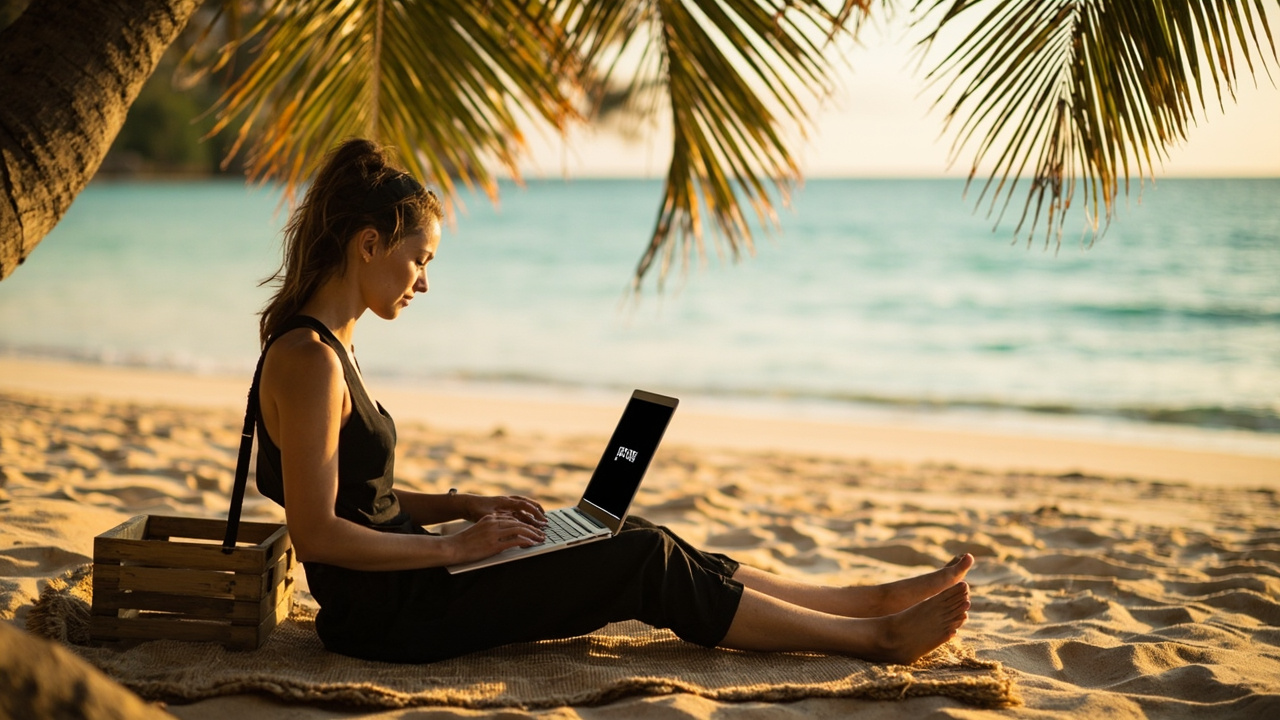 Australian long-stayer working on a laptop on Koh Rong beach at warm golden hour