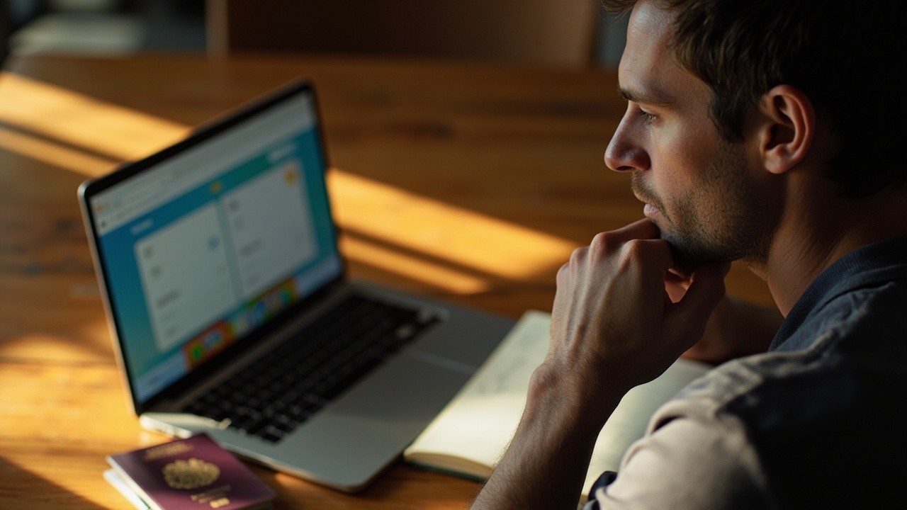 Australian traveller at a sunlit desk weighing two paths on a laptop with a closed Australian passport beside them at warm afternoon light