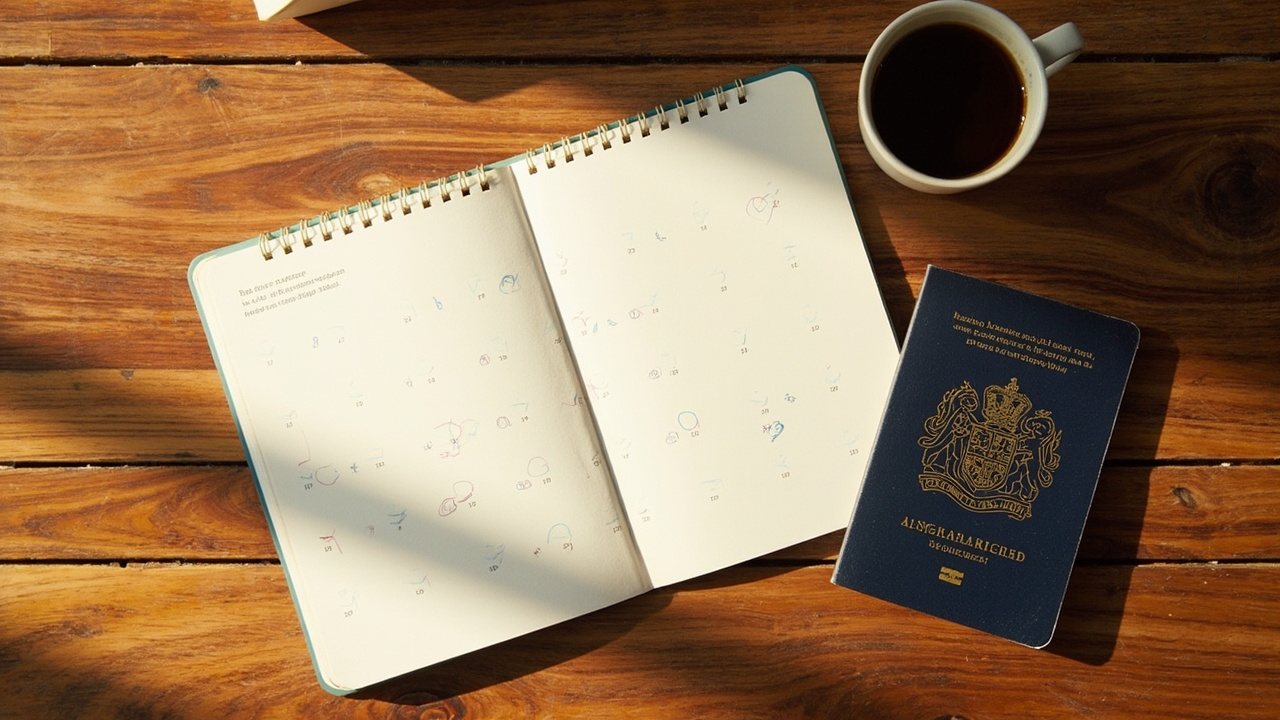 Overhead flat-lay of a paper calendar with circled trip windows and an Australian passport beside it on a warm wooden desk