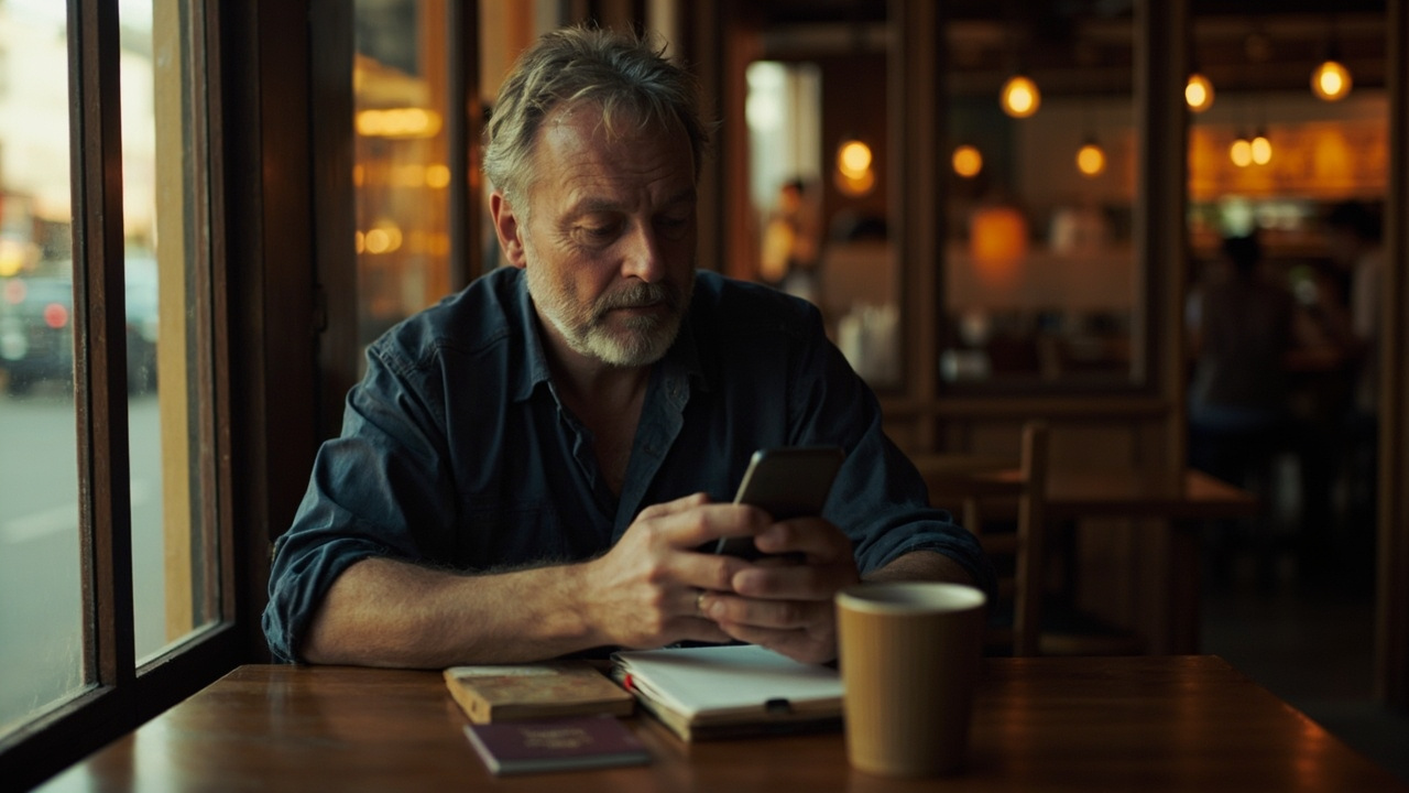 Australian traveller calmly checking a phone in a quiet warm cafe with a coffee and a passport on the table