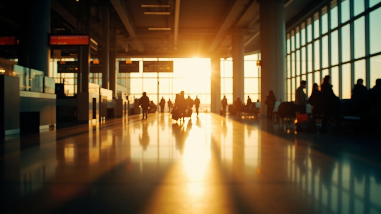 Wide neutral interior of a calm modern airport terminal at warm afternoon light, empty polished floor and soft window light