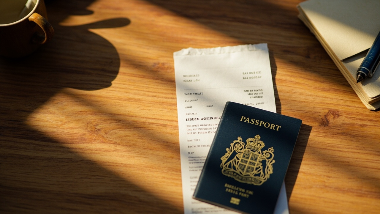 Close-up of a small paper receipt and a closed Australian passport on a warm desk, soft afternoon light