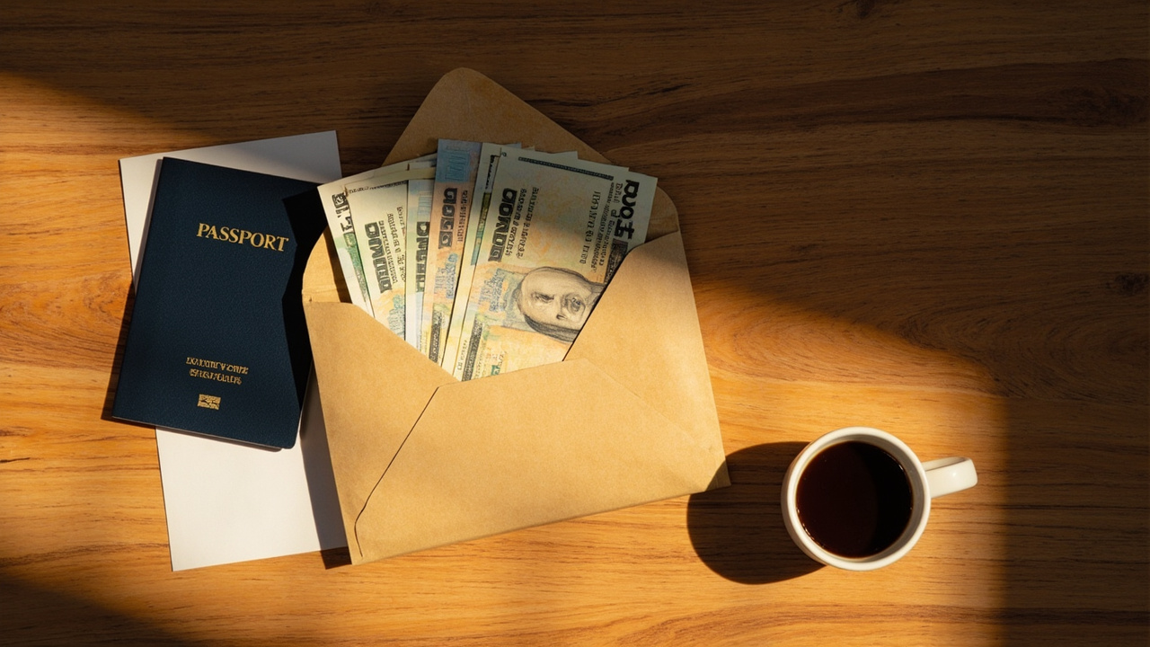Overhead view of a small envelope of clean USD notes beside a closed Australian passport on a warm timber desk