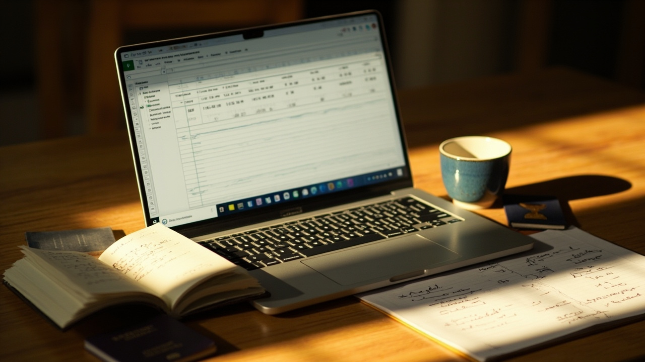 Close-up of a laptop on a warm desk showing a generic cost-ladder spreadsheet alongside a passport and notebook