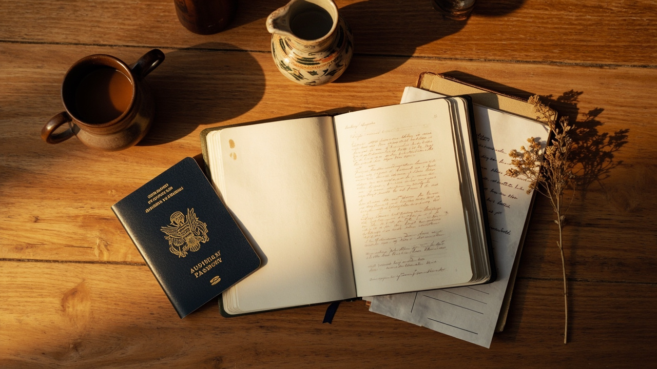 Overhead view of an Australian passport open to a clean inner page on a warm timber desk, soft afternoon light