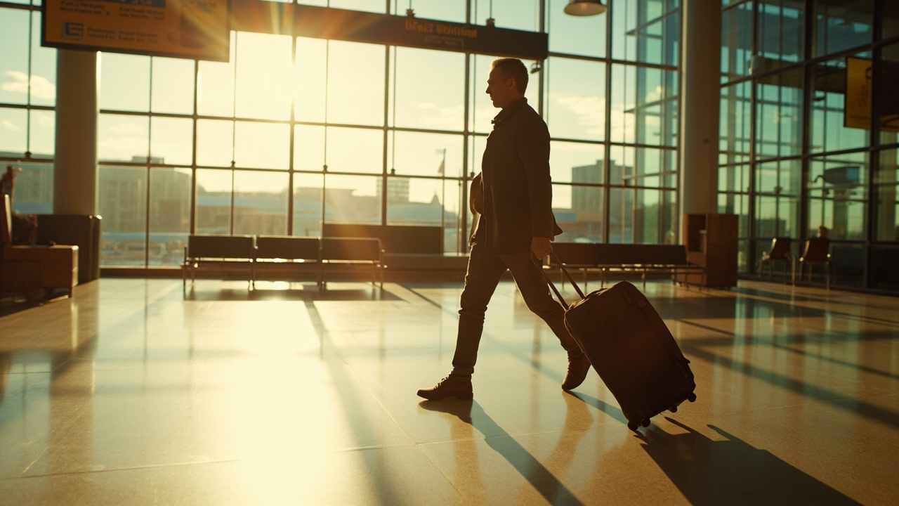 Aussie traveller with a carry-on case walking along a neutral airport interior at warm afternoon light