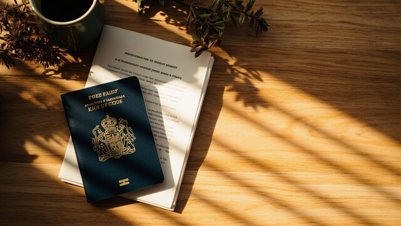 Overhead view of a closed Australian passport beside a folded blank paper printout on a warm timber desk