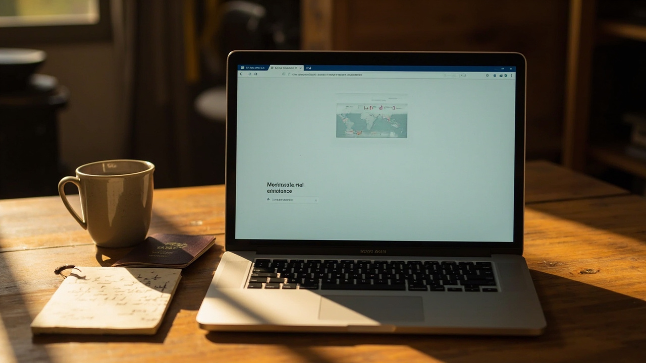 Close-up of a laptop on a warm desk showing a generic travel planning page with a closed Australian passport beside it