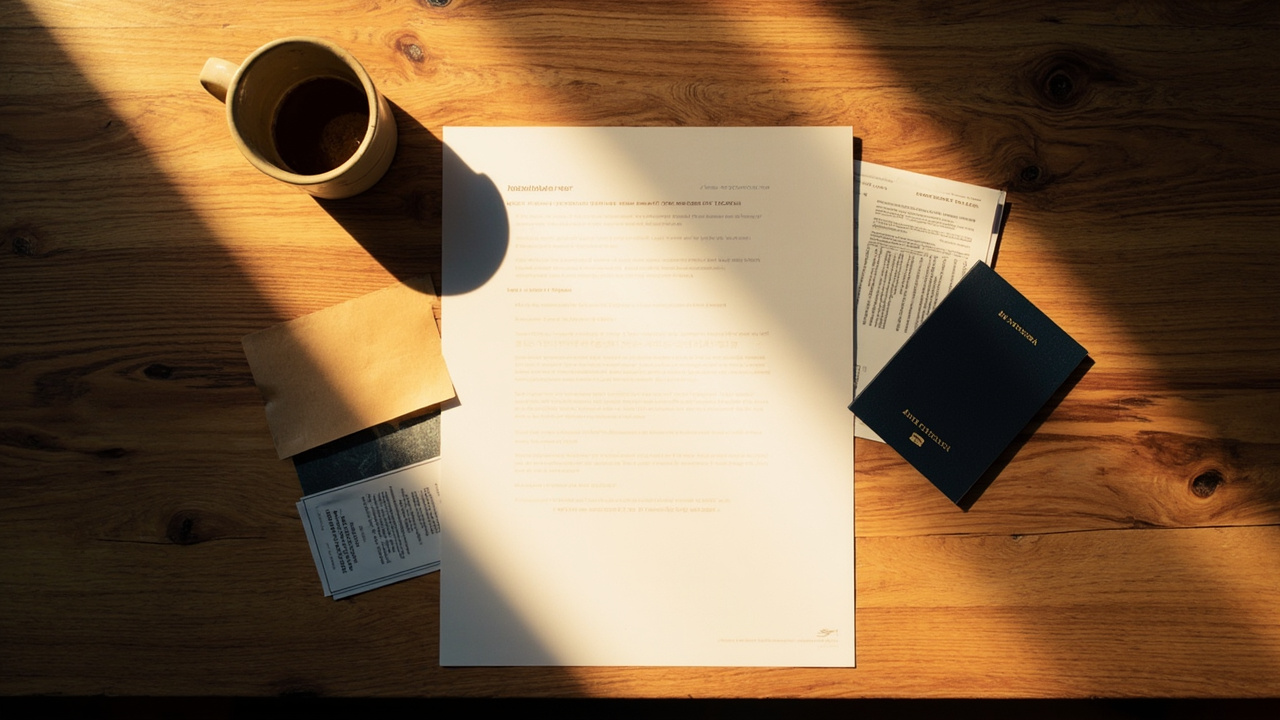 Overhead shot of a freshly printed single-page travel document beside an Australian passport on a warm desk