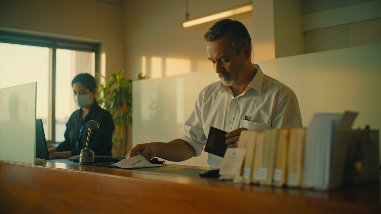 Soft-focus government counter interior with an Australian traveller calmly receiving a small numbered receipt slip from a clerk across a polished timber counter