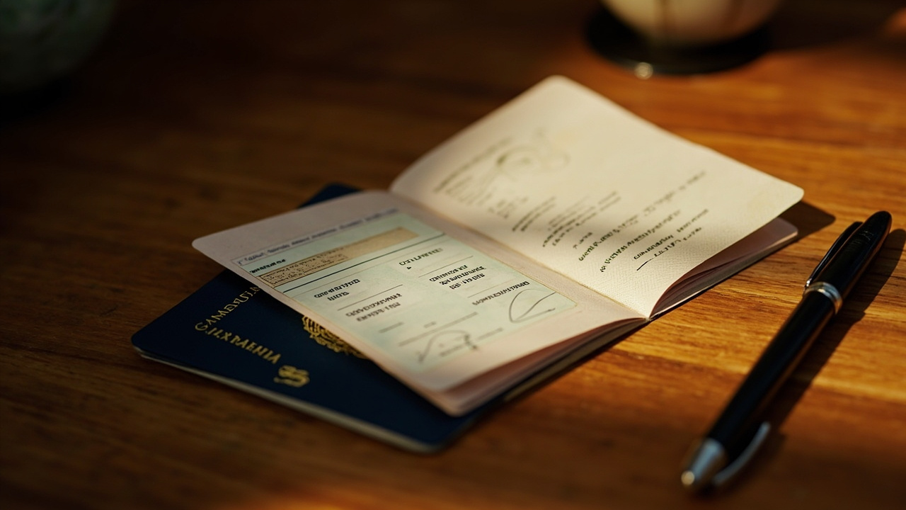 Close-up of a passport opened to a page showing a generic credit-card-sized extension sticker affixed inside, with text intentionally not legible