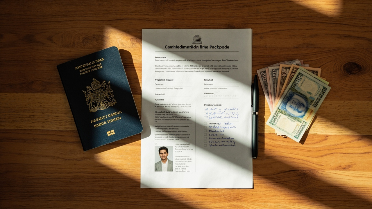 Overhead flat-lay of an Australian passport, a printed Cambodia Business eVisa PDF, a small white-background passport photo, a folded bilingual form, and three clean US fifty-dollar bills on a warm timber desk