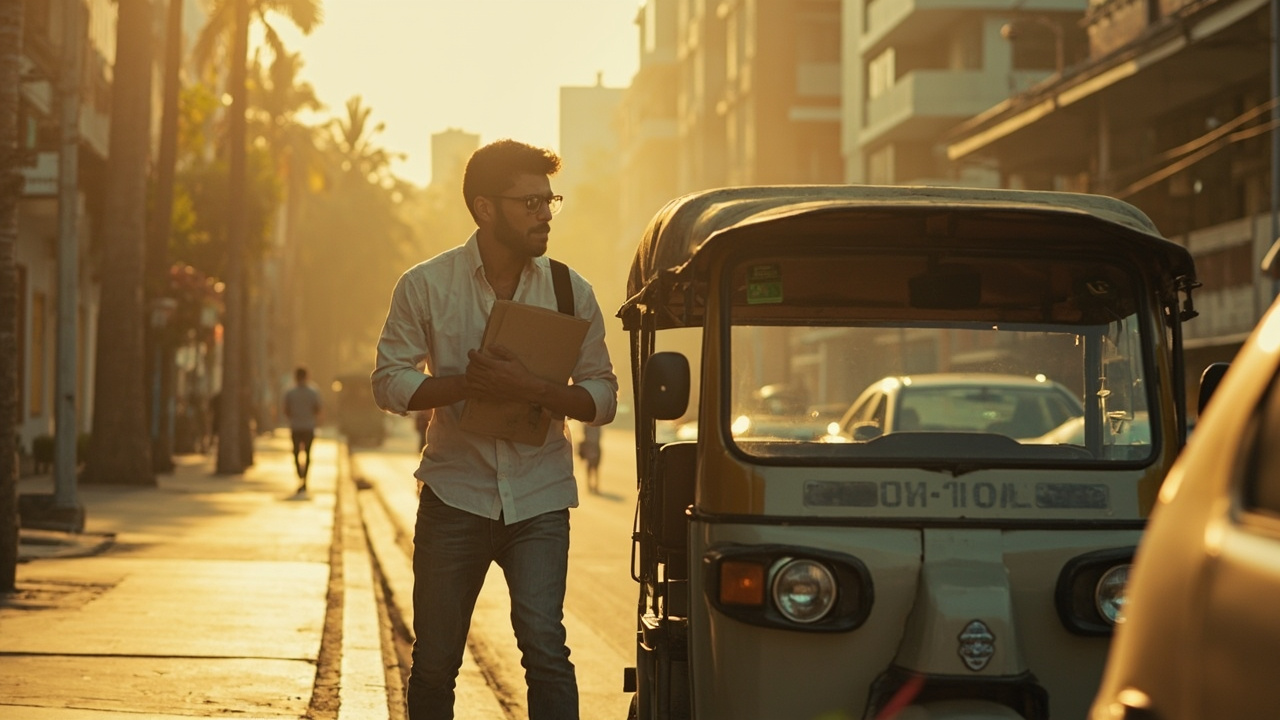Australian traveller stepping out of a tuk-tuk on a warm Phnom Penh boulevard lined with palm trees and low-rise buildings
