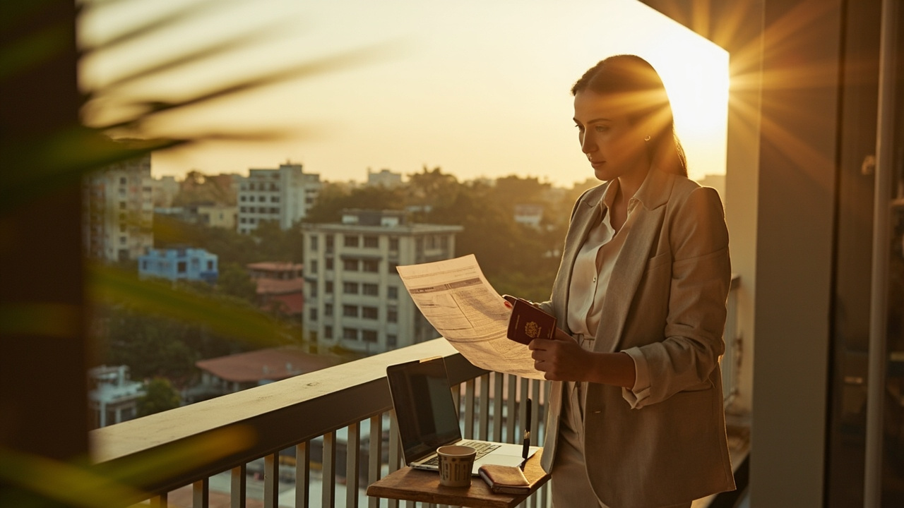 Australian consultant in her late 30s standing on a sunlit Phnom Penh apartment balcony reviewing a printed project plan, with a laptop and an Australian passport on the table behind