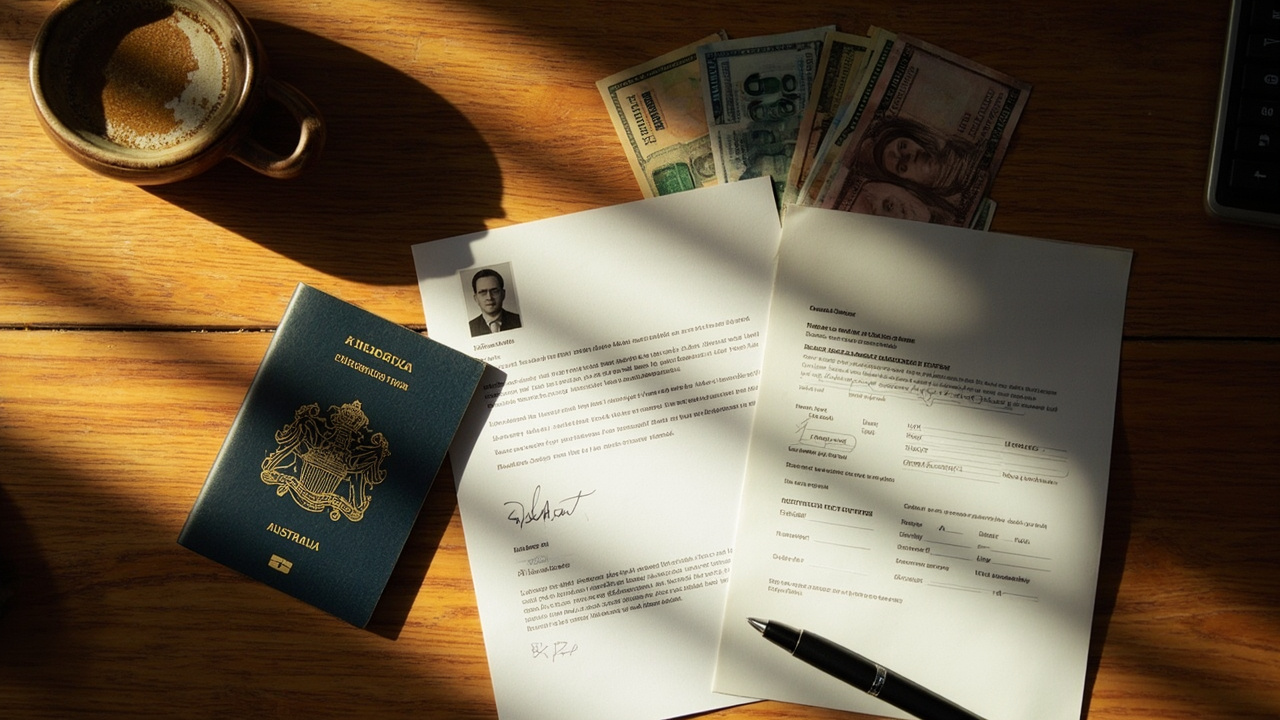 Overhead flat-lay of an Australian passport, a printed Cambodia Business eVisa PDF, a single passport-style photo, a one-page sponsor letter, an extension form, and a fan of clean US bills on a warm timber desk