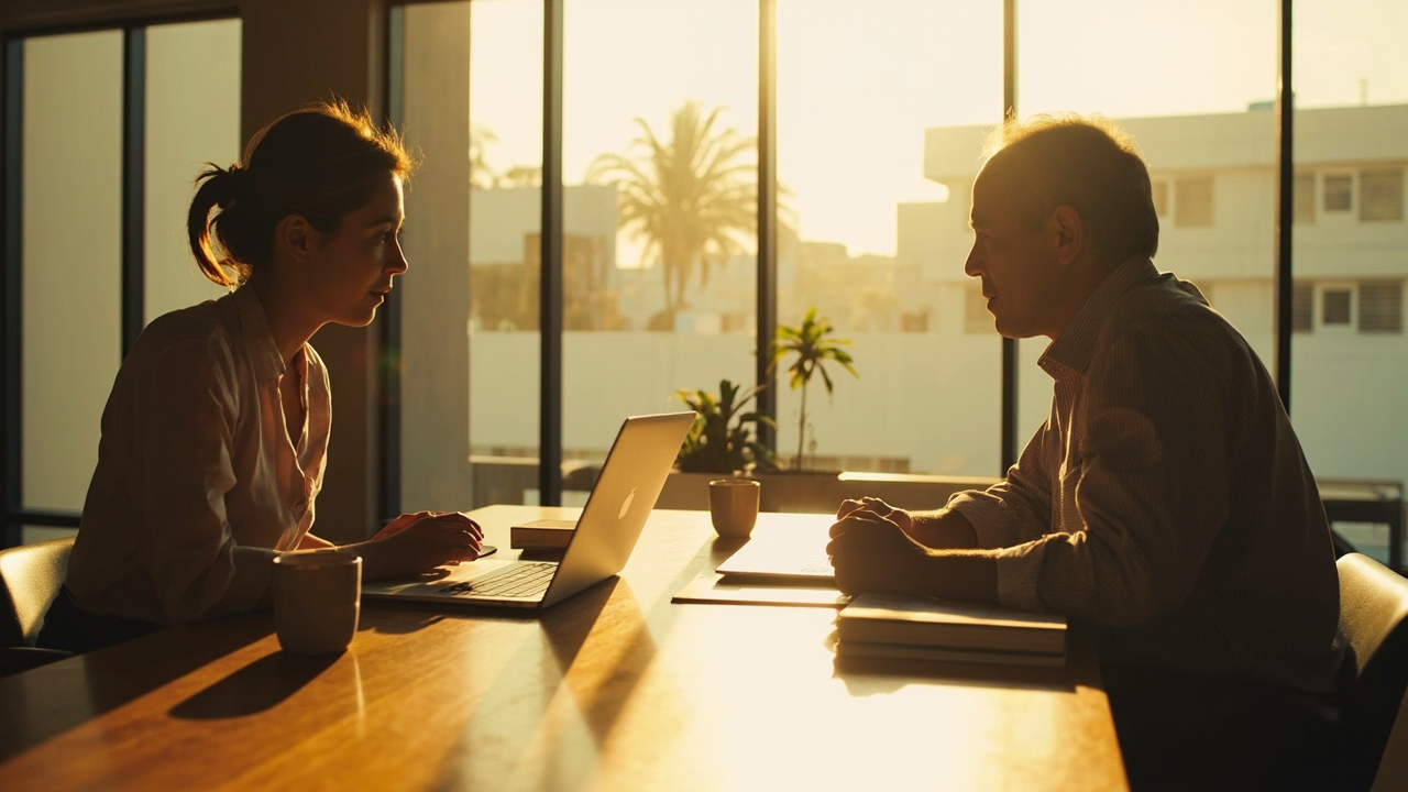 Australian consultant in conversation with a Cambodian client across a meeting room table in a sunlit Phnom Penh office