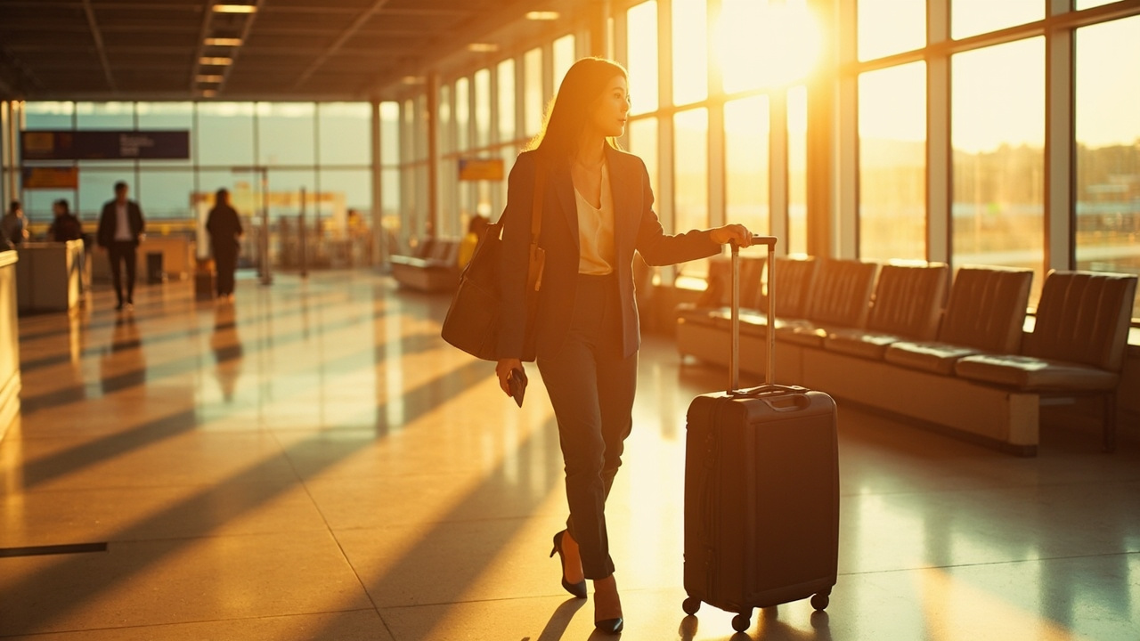 Australian consultant rolling a carry-on through a warm sunlit airport terminal walkway with golden light streaming through tall windows