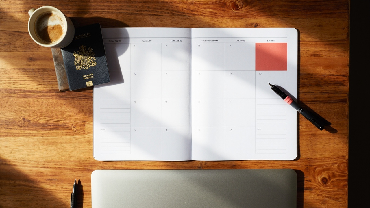 Overhead flat-lay of a six-month wall planner with soft date markings, a closed Australian passport, a laptop edge, and a coffee on a warm timber desk