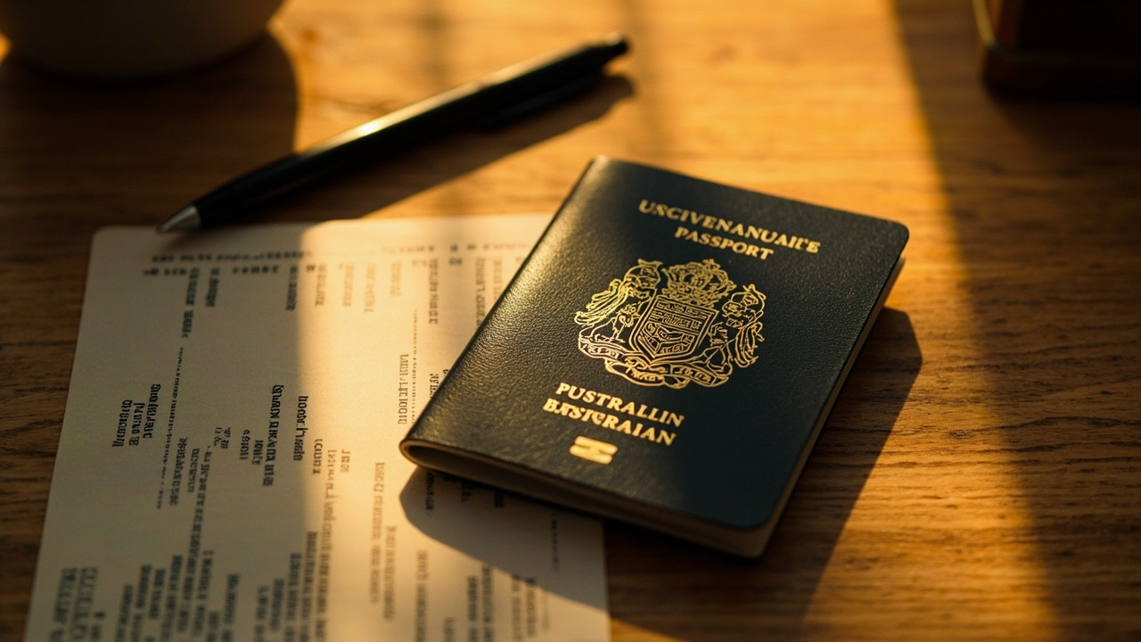 Overhead close-up of an Australian passport open to a clean page beside a soft-focus printed visa-style document at golden hour on a warm wooden desk