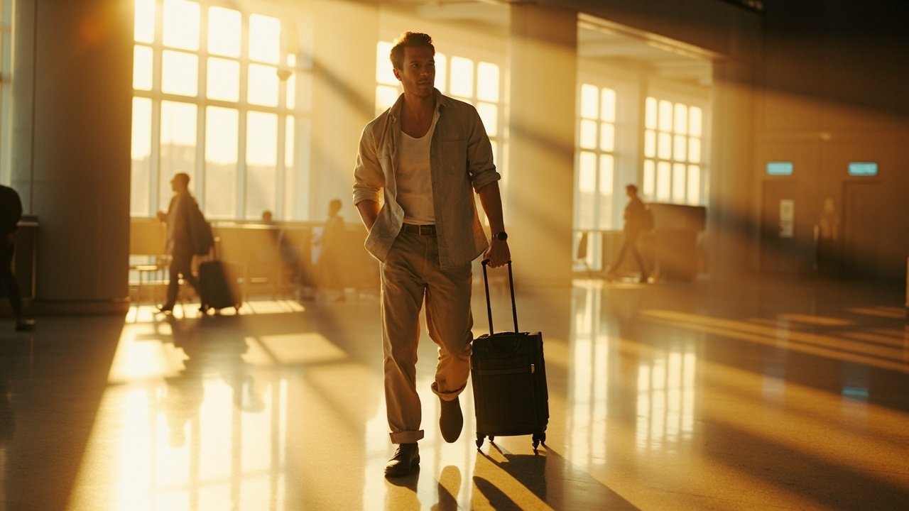 Australian traveller walking through a sunlit international airport hall with a small carry-on at golden hour, calm body language