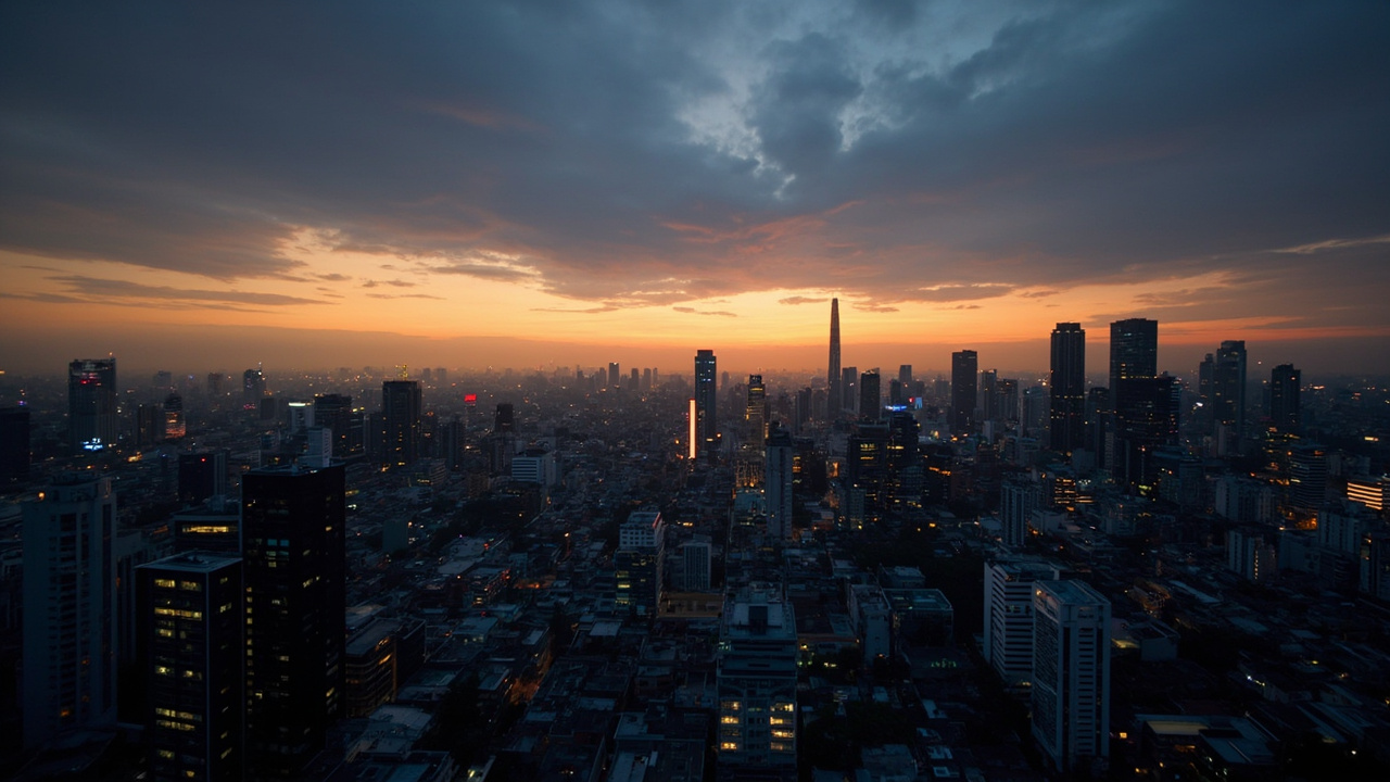 Wide warm-dusk Bangkok skyline view from a hotel rooftop, neutral palette, no faces, no recognisable signage