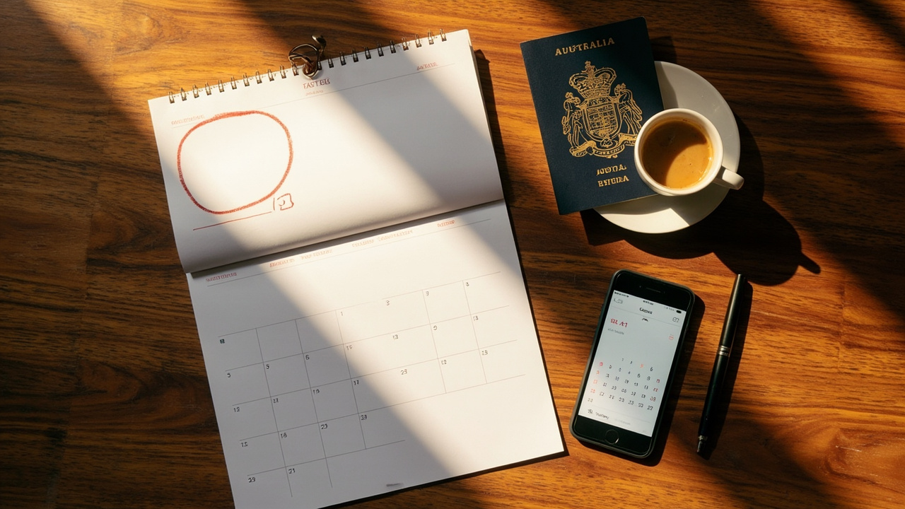 Overhead flat-lay of a wall calendar with circled extension date, closed Australian passport, and smartphone showing a generic calendar UI on a warm wooden desk